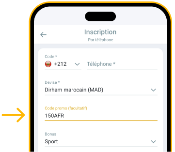 Entrez 150AFR dans l’espace code promo Télécharger Melbet Android